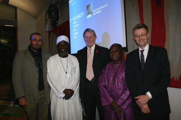 Bill Cash, MP, with Imam Muhammed Ashafa and Pastor James Wuye and the film's producer, Dr Imad Karam (left) and director, Dr Alan Channer (right)