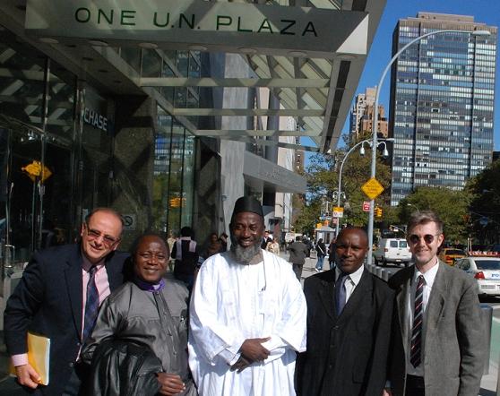 The launch team for 'An African Answer' outside the United Nations.
Charles Aquilina (IofC programme co-ordinator), Pastor James Wuye, Imam Muhammad Ashafa, Joseph Karanja (film production consultant) and Dr Alan Channer (film director)