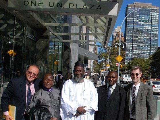 The launch team for 'An African Answer' outside the United Nations. Charles Aquilina (IofC programme co-ordinator), Pastor James Wuye, Imam Muhammad Ashafa, Joseph Karanja (film production consultant) and Dr Alan Channer (film director) (Photo: Alan Channer)|