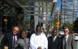 The launch team for 'An African Answer' outside the United Nations.
Charles Aquilina (IofC programme co-ordinator), Pastor James Wuye, Imam Muhammad Ashafa, Joseph Karanja (film production consultant) and Dr Alan Channer (film director)
